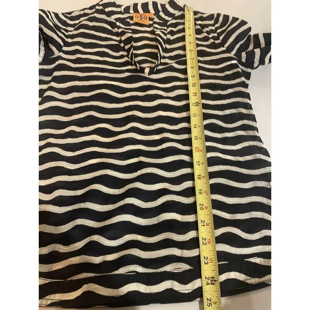 Tory Burch Sequined Tunic Top Navy White Striped Long Sleeve Blouse Popover 2 XS